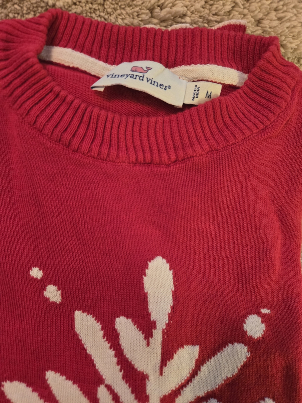 Vineyard Vines Bright Red Crewneck Sweater with White Snowflake